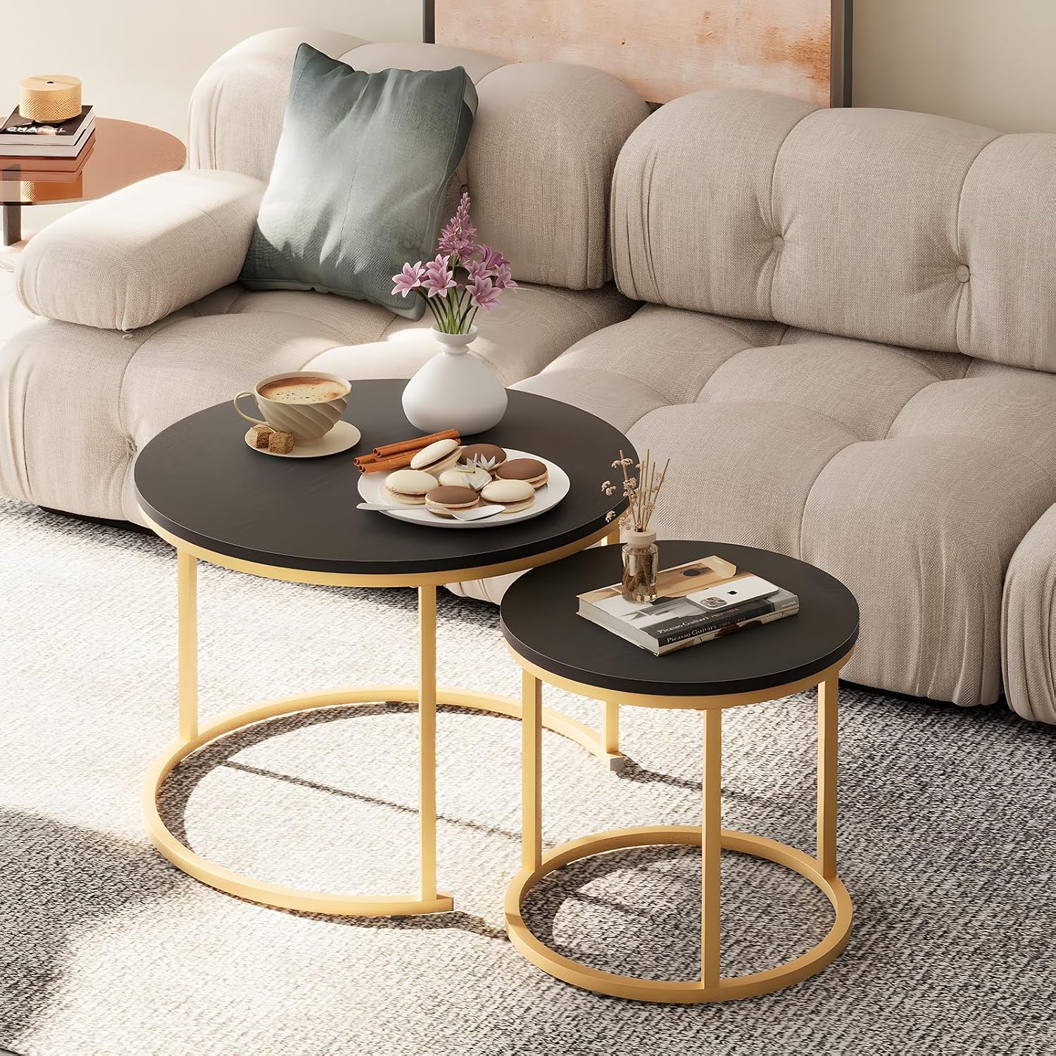 Garden 4 you Nesting Coffee Table, 23.6" Round Coffee Table Set of 2, Wooden Nesting Table Set with Metal Frame, Side Tables for Living Room Bedroom Balcony, Black