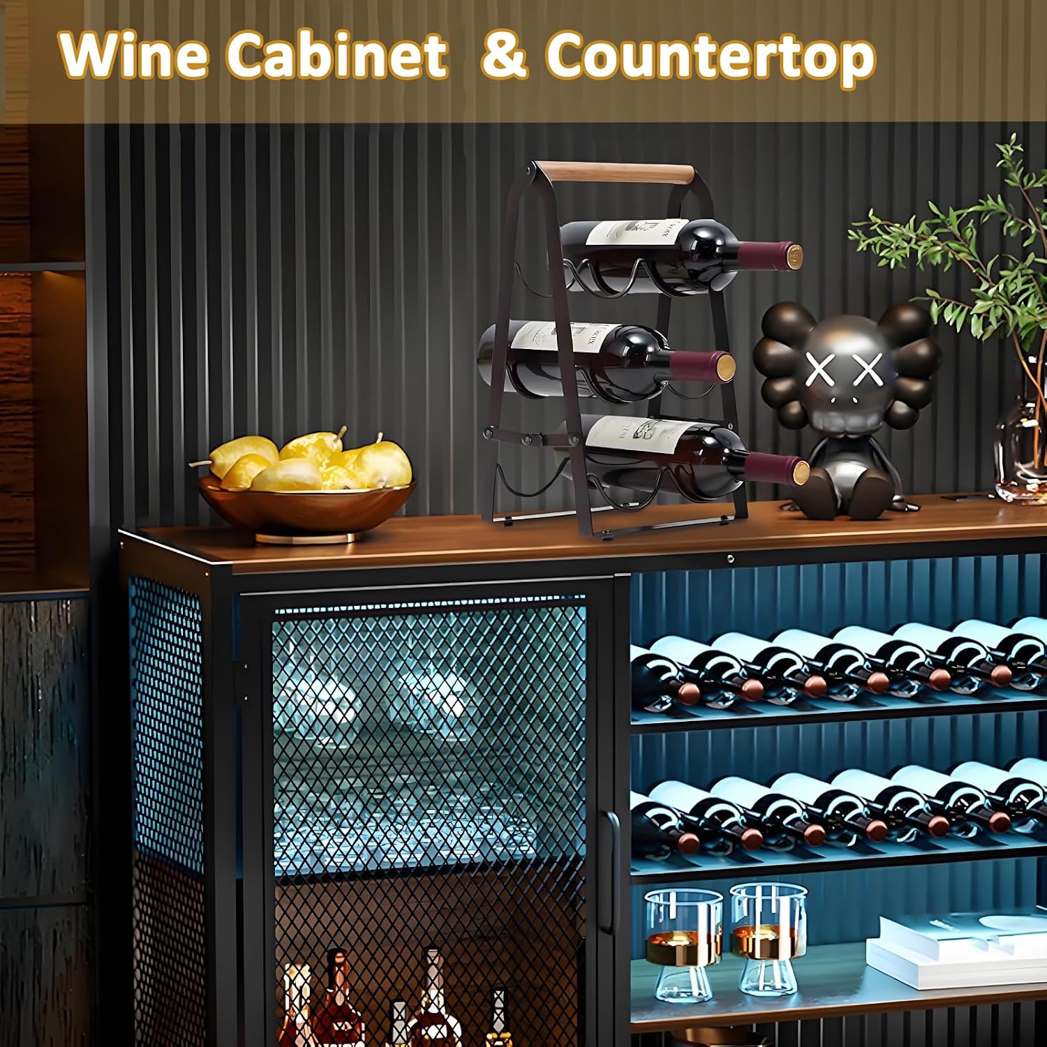 6‑Bottle Foldable Stackable Metal Wine Rack with Wooden Handle, 3‑Tier No Assembly Countertop Wine Holder for Kitchen Bar Cabinet Pantry, Black