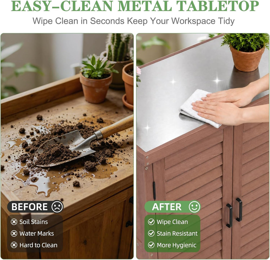 Potting Bench with Storage Cabinet and Metal Table Top for Outdoor Patio, Garden Furniture Wood Workstation (Dark Brown, 31x17x36‘’)