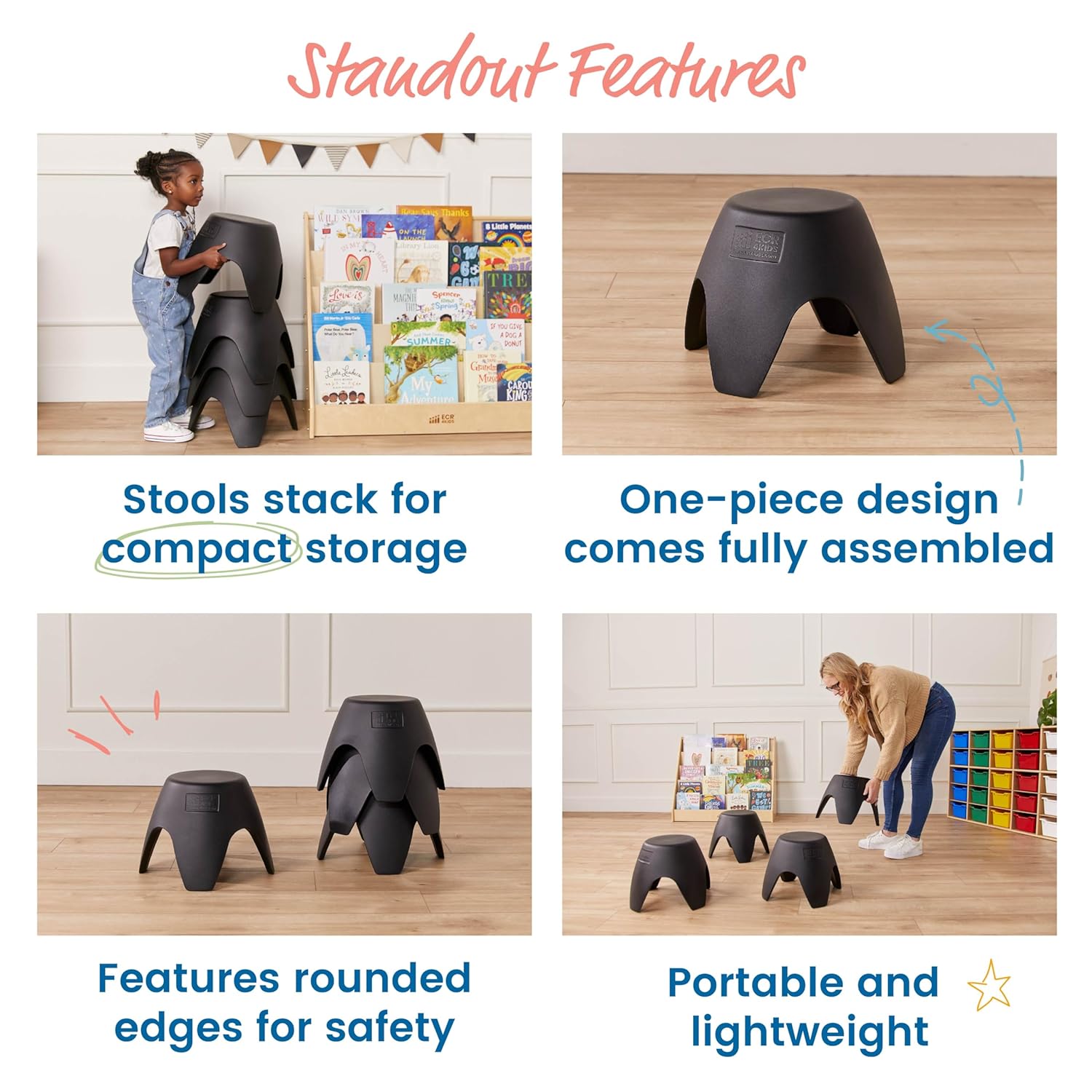 ECR4Kids Ayana Stackable Plastic Stool Seating Set, Children's Furniture, Black, 4-Pack