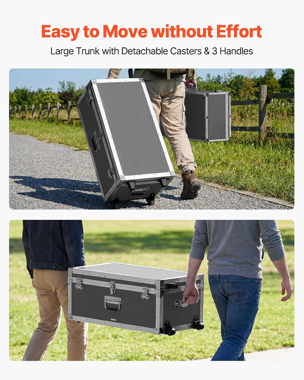 VEVOR Storage Trunk, Set of 2, Wooden Suitcase Storage Boxes with Padlocks, Large Trunk Includes Casters and 3 Metal Handles, Decorative Store Chest with Lids for Travel, Apartment, Dorm, Gray