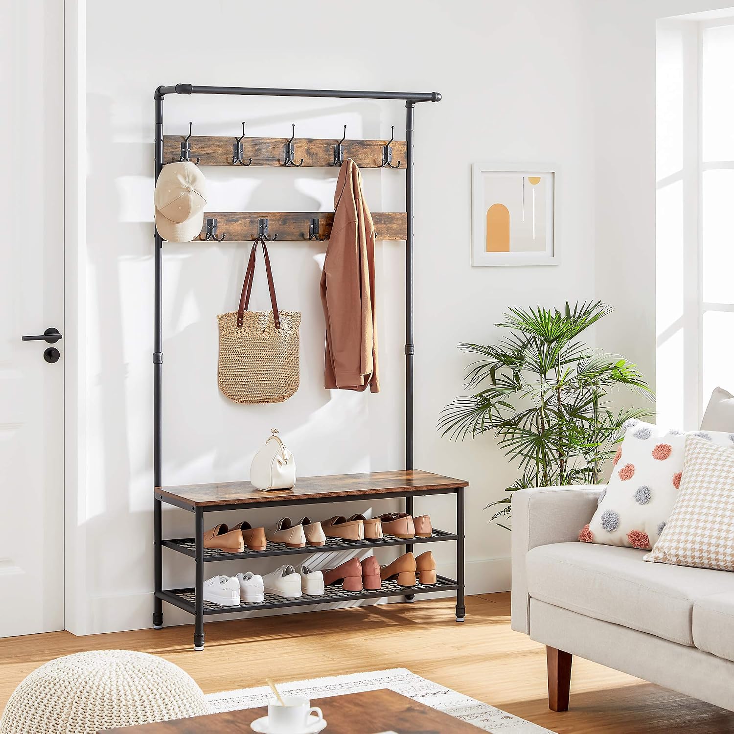 VASAGLE DAINTREE 3-in-1 Entryway Coat Rack and Storage Bench, Pipe Style Hall Tree with 9 Hooks, Multifunctional, Sturdy Steel Frame, Large Size, Industrial, Rustic Brown and Black UHSR47BX