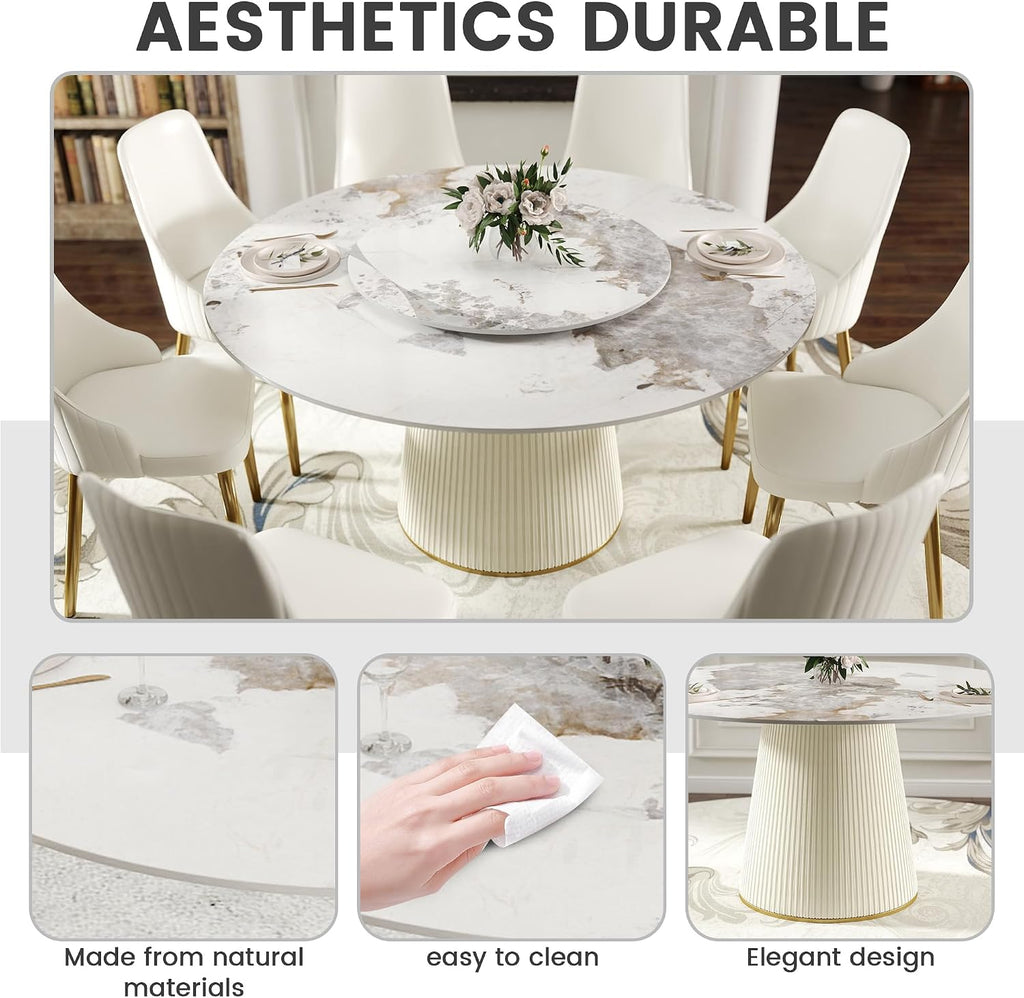 59" Round Dining Room Table, Faux Marble Dining Table for 8 Person with 31.5" Detachable Lazy Susan, Sintered Stone Dining Table with Carbon Steel Base and Wrapped Cream PU for Home(Only 1 Table)