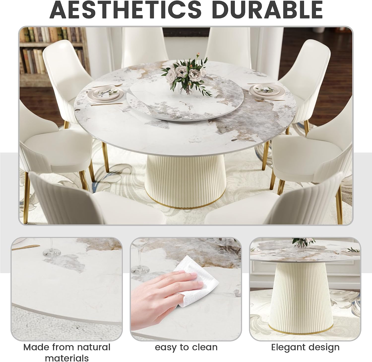 59" Round Dining Room Table, Faux Marble Dining Table for 8 Person with 31.5" Detachable Lazy Susan, Sintered Stone Dining Table with Carbon Steel Base and Wrapped Cream PU for Home(Only 1 Table)