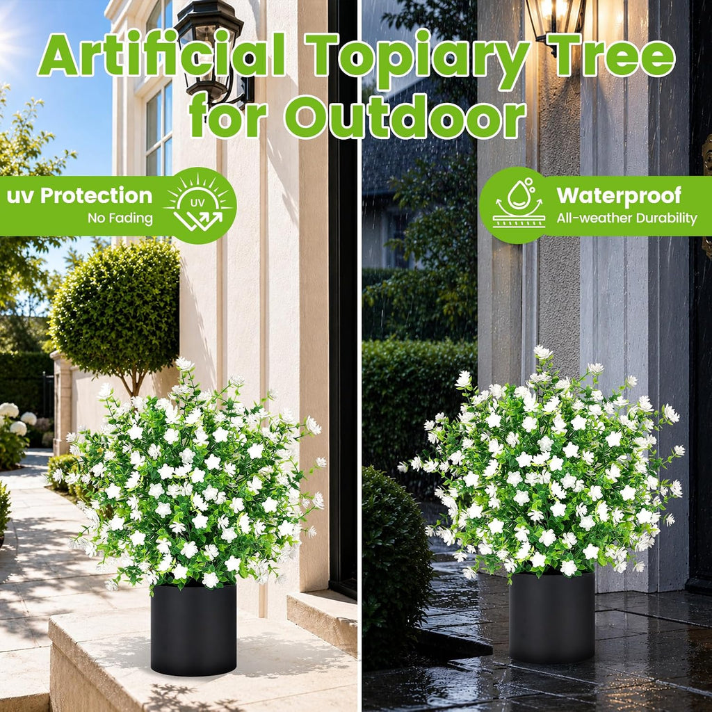 2 Pack Artificial Potted Boxwood Topiary Trees - UV Resistant Faux Outdoor Potted Plants, Spring Summer Greenery Fake Bushes for Front Door Farmhouse Garden Porch Outdoor Decor