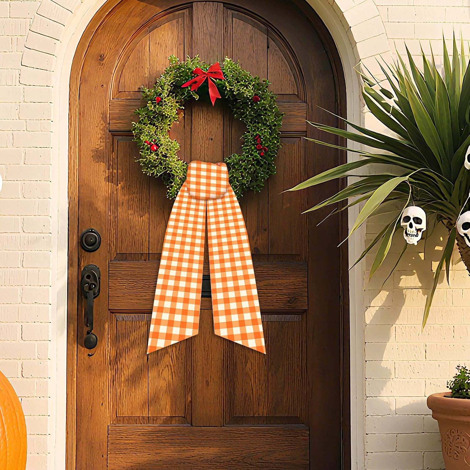 Orange Fall Wreath Sash for Front Door Farmhouse Thanksgiving | 2 Pcs, Plaid, 60 Inch, DIY Embroidery, Autumn