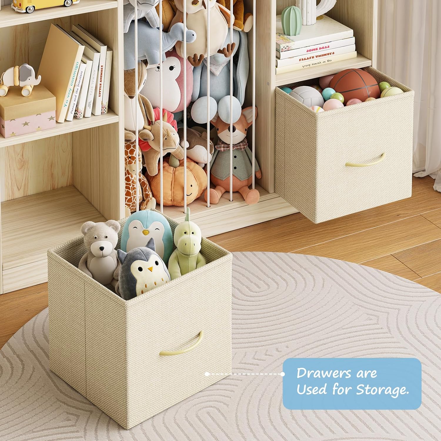 EXPERLAM 4-in-1 Toy Storage Organizer with Stuffed Animal Storage, Solid Pine Kids Bookshelf and Toy Shelf, 6 Cube Shelf with 2 Removable Drawers, Stuffed Animal Zoo for Kids Room, Playroom, Nursery