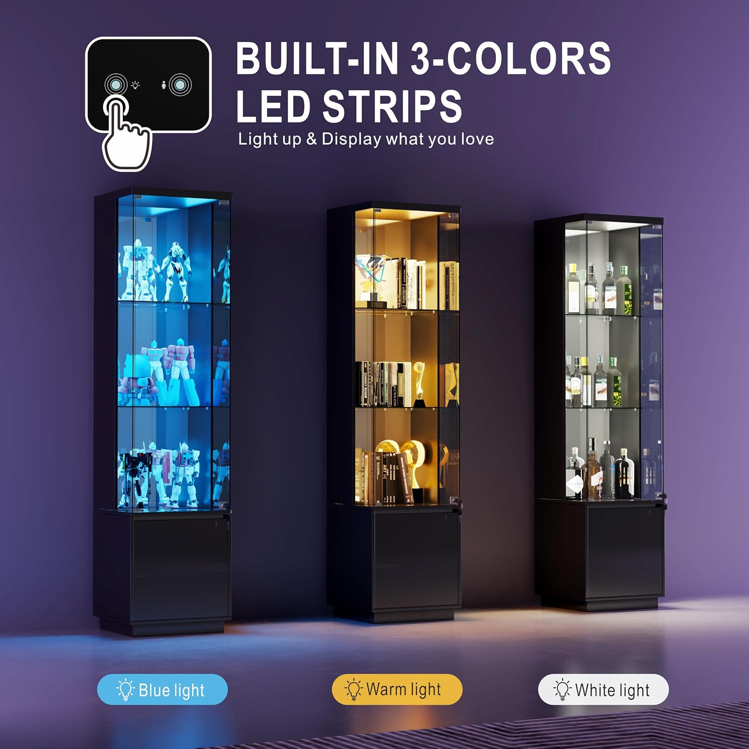 Lvifur Lockable Curio Display Cabinet with Glass Door,65" Lighted Curio Cabinet with 3 Color Lights for Collectibles,3-Tier Glass Display Case with Human Body Sensor for Living Room,Black
