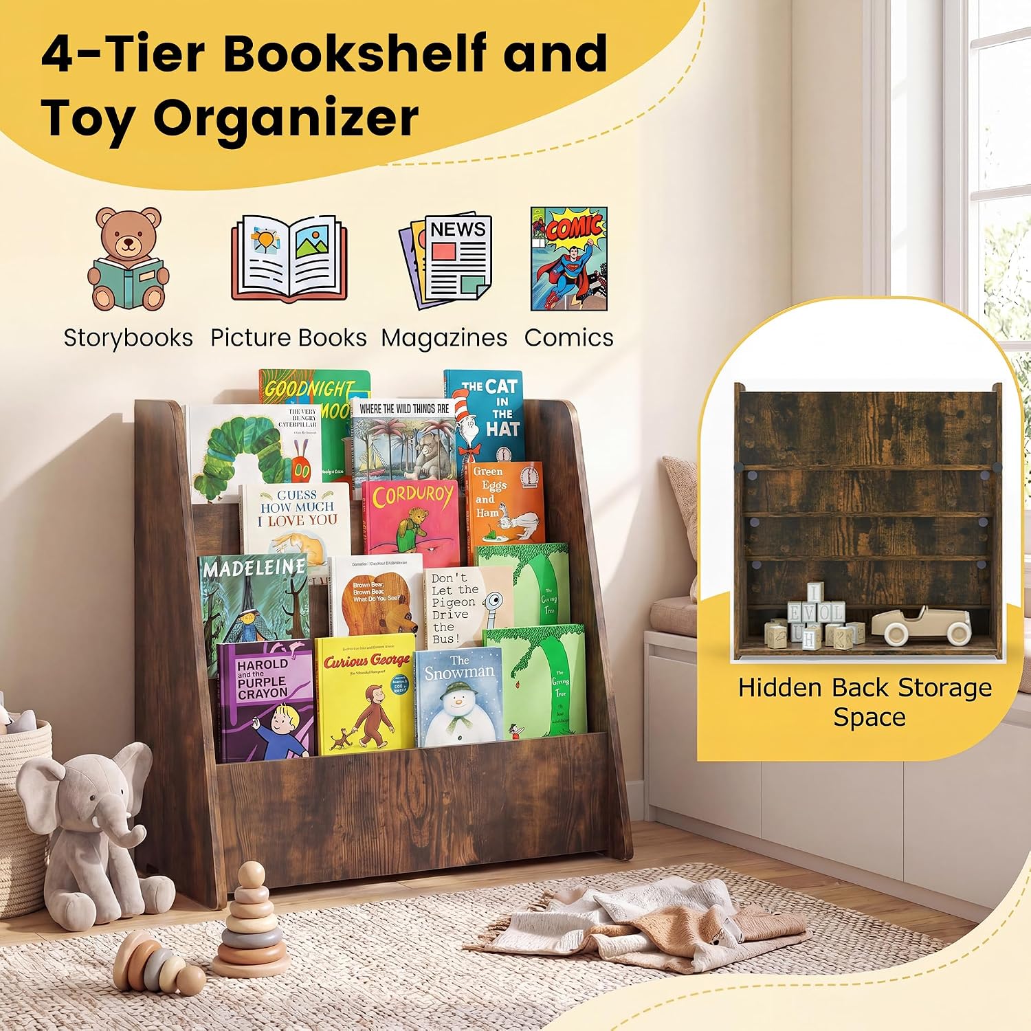 GLACER 4-Tier Kids Bookshelf, Wood Toddler Bookcase with Deep Magazine Display Shelf & Back Storage Space, Children Storage Organizer for Nursery, Playroom, Kids Bedroom, Classroom (Rustic Brown)