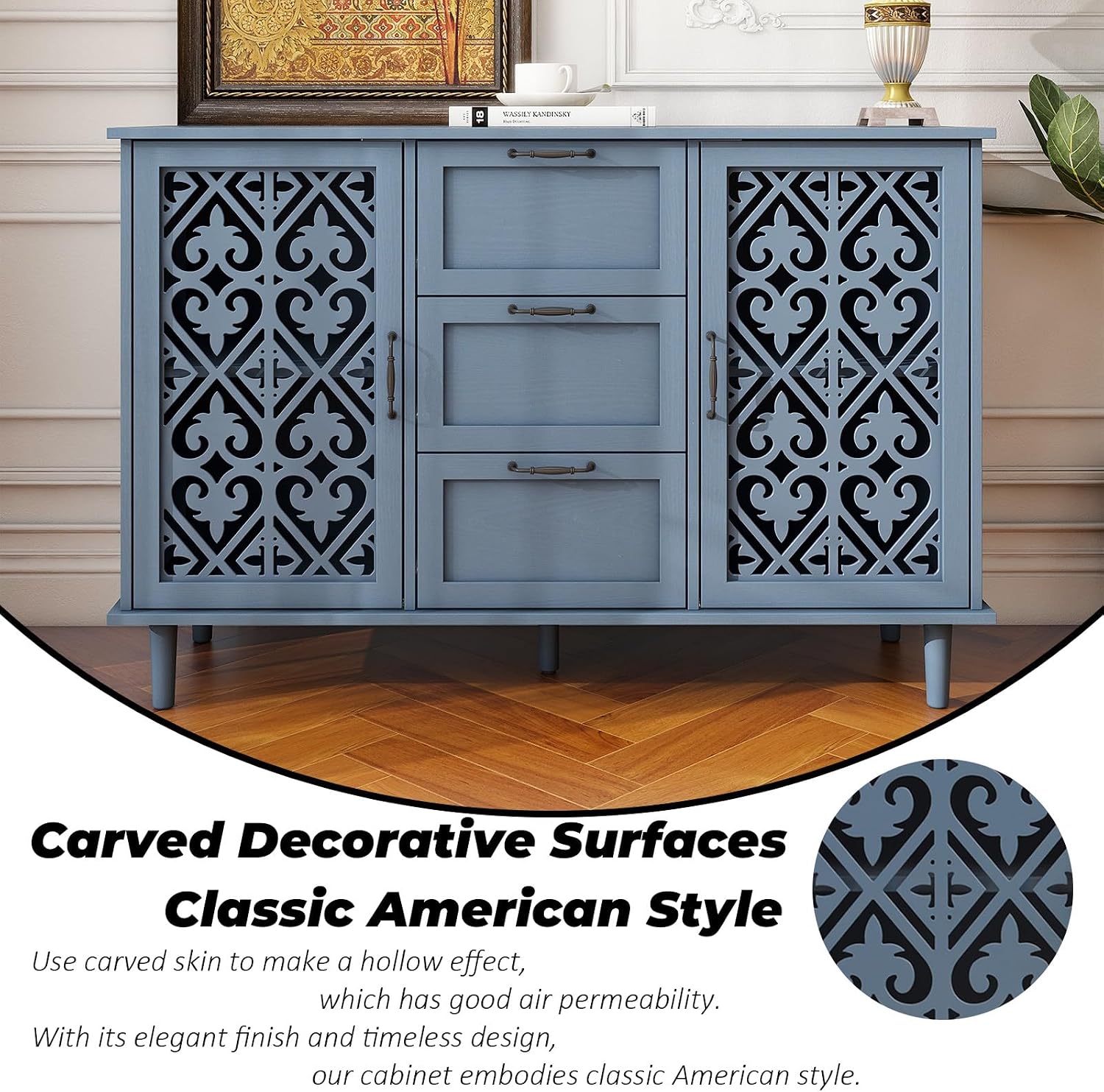 Sideboard Buffet Cabinet, American Farmhouse Blue 2 Door 3 Drawer Storage Credenza, Hollow Carved, Living Room Entryway Kitchen Dining Room Console Table, Home Furniture Decor