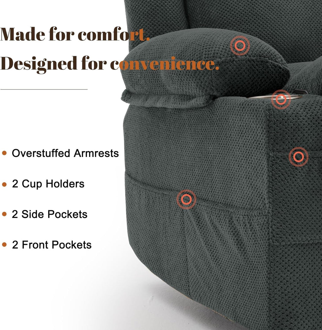Korser Recliner Chair, 360° Swivel Rocker Recliner for Adults, Rocking Recliners with Massage & Heat, Nursery Rocking Chairs with Cup Holders, Manual Reclining Glider for Living Room, Nursery, Gray