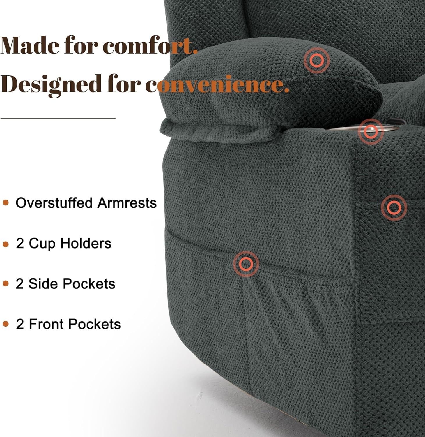 Korser Recliner Chair, 360° Swivel Rocker Recliner for Adults, Rocking Recliners with Massage & Heat, Nursery Rocking Chairs with Cup Holders, Manual Reclining Glider for Living Room, Nursery, Gray