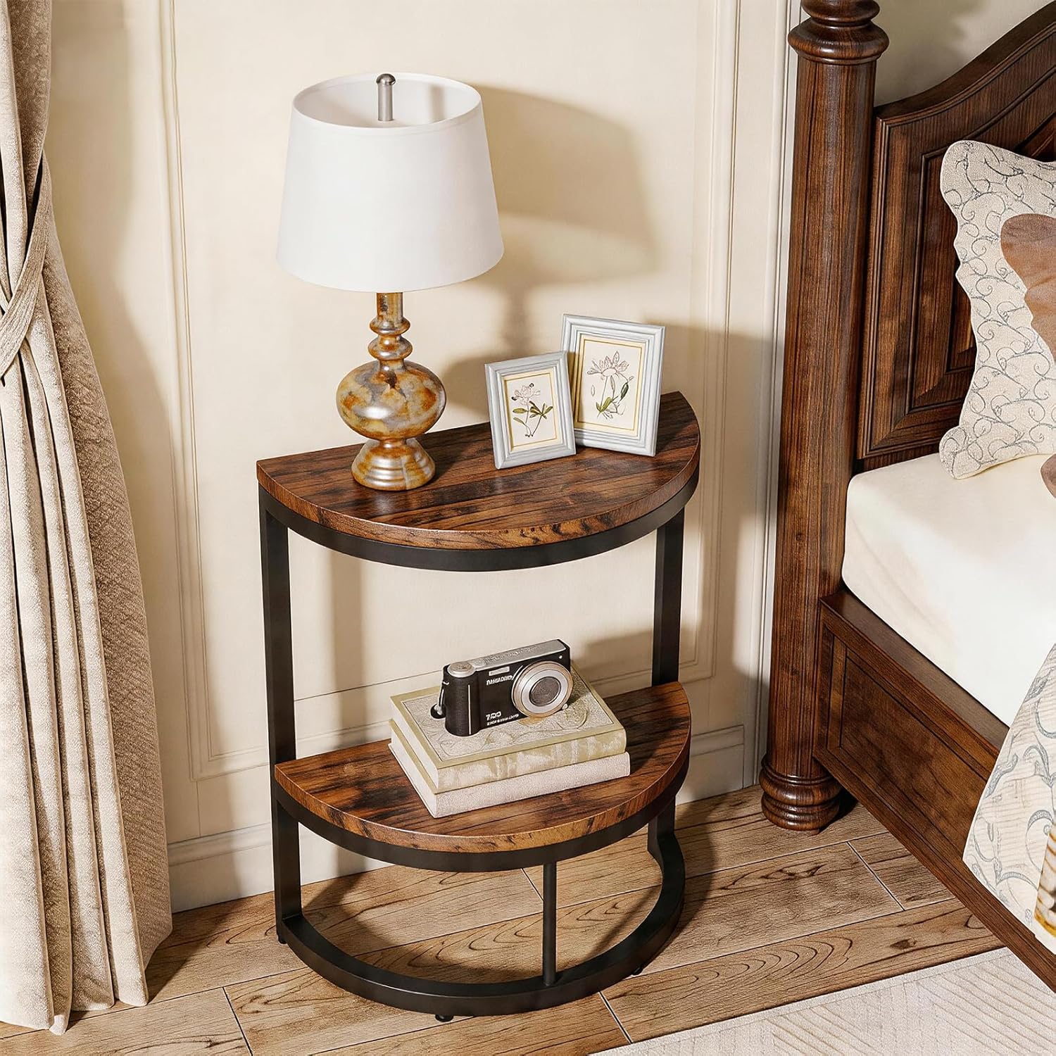 TooCust Half Round End Table for Living Room, 9.8" D x 19.7" W x 24" H, 2-Tier Small Half Circle Table with Storage Shelf, Half Moon Table with Metal Frame, Round Coffee Table for Couch, Bedroom