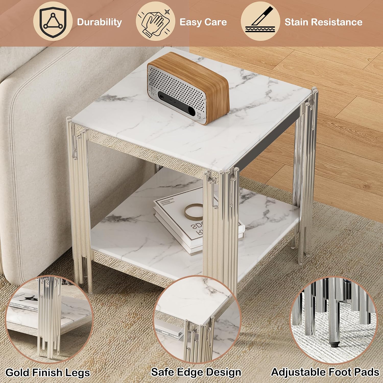 19" White Marble Side Table, 2-Tier Square Modern End Table with Silver Stainless Steel Metal Leg, Luxury Small Sofa Table for Living Room, Home Office