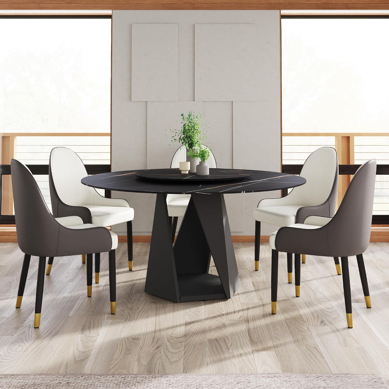 Montary 7 Piece Modern Dining Table Chairs Set of 6, Round 59" D Faux Marble Kitchen Table with Lazy Susan, Black Sintered Stone and Geometric Openwork Iron Dining Table with 6 Brown Chairs