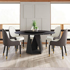 Montary 7 Piece Modern Dining Table Chairs Set of 6, Round 59" D Faux Marble Kitchen Table with Lazy Susan, Black Sintered Stone and Geometric Openwork Iron Dining Table with 6 Brown Chairs