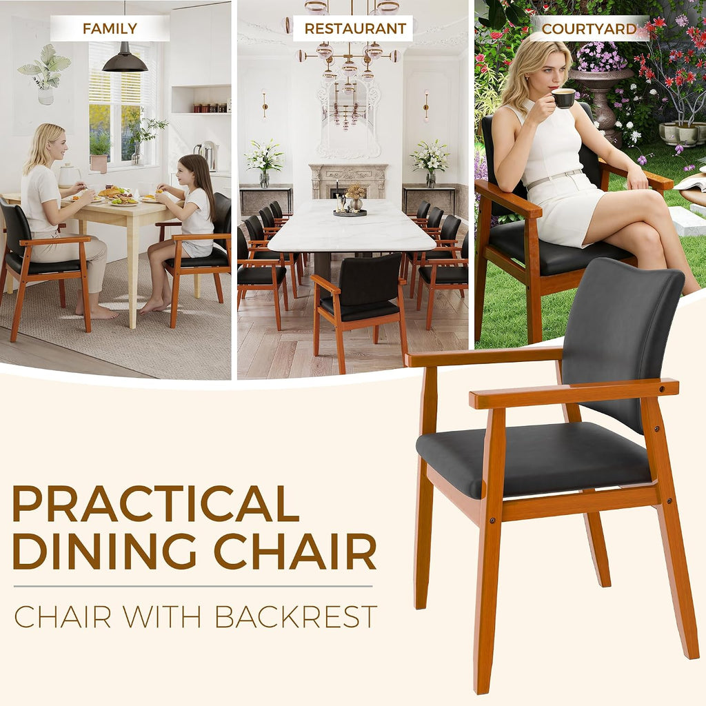 Dining Chairs with Arms Set of 4, Wood Frame Faux Leather Kitchen Chairs, Comfortable Upholstered Accent Chairs for Kitchen, Dining Room,and Living Room(Black)