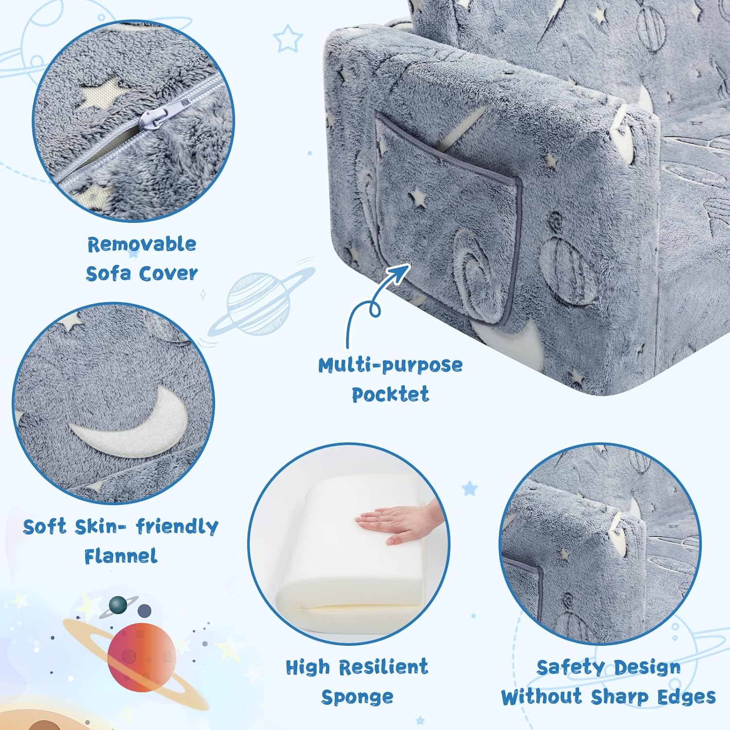 inhand Toddler Chair Comfy,2-in-1 Soft Toddler Couch Fold Out for Kids,Convertible Sofa to Lounger,Gift for Girls and Boys Birthday,Space,Medium