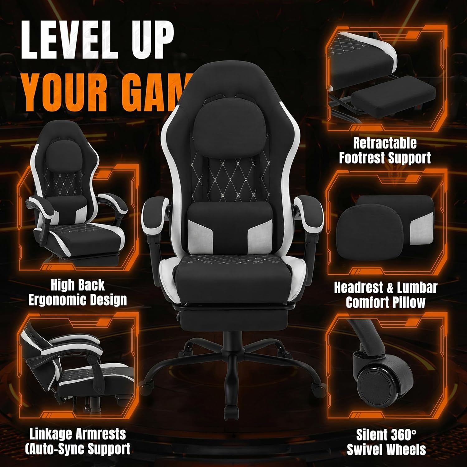 Shintenchi Gaming Chair, Ergonomic Office Chair with Footrest, Lumbar Support and Linkage Armrests, Swive Home Video Game Chairs for Adults, Black