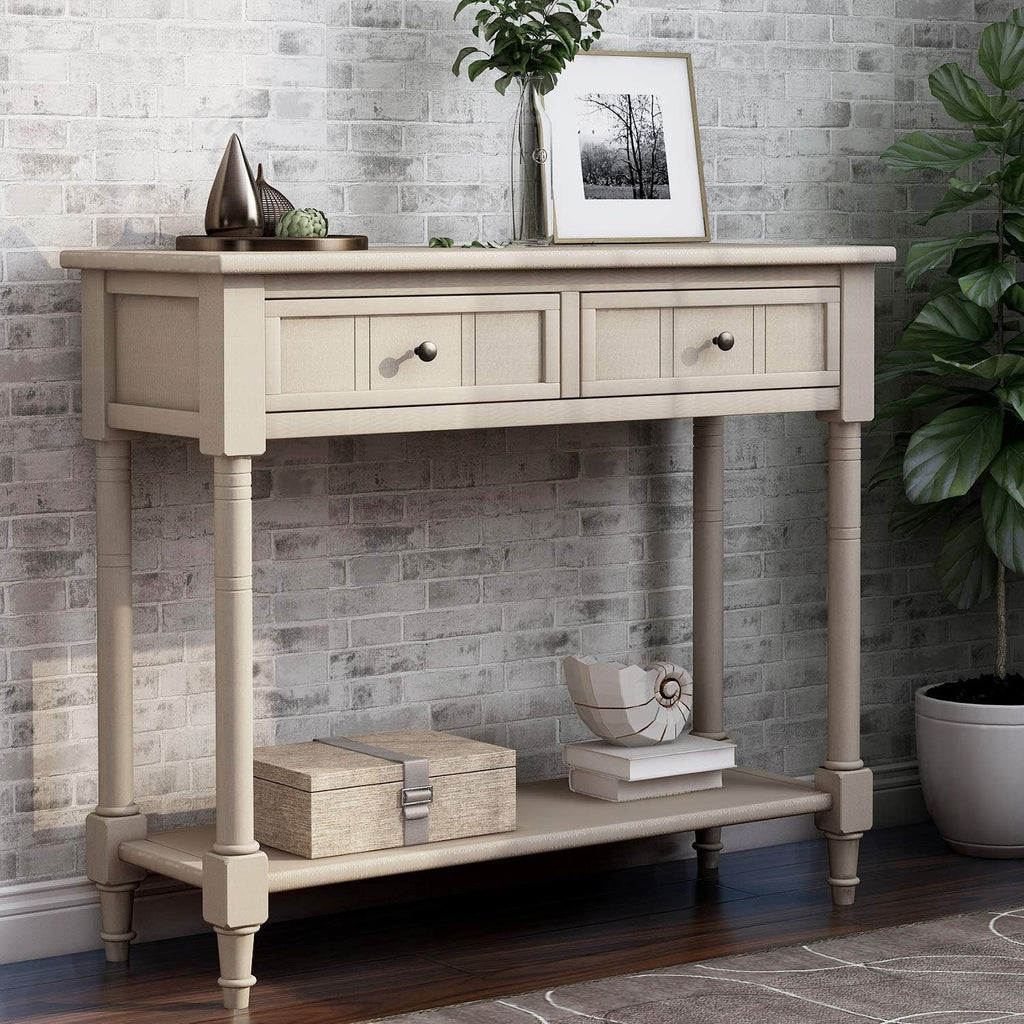 GDFStudio Daisy Series Console Table, Retro Grey Solid Pine Wood Frame with Two Storage Drawers and Bottom Shelf, Traditional Vintage Accent Furniture for Entryway, Living Room, or Dining Room