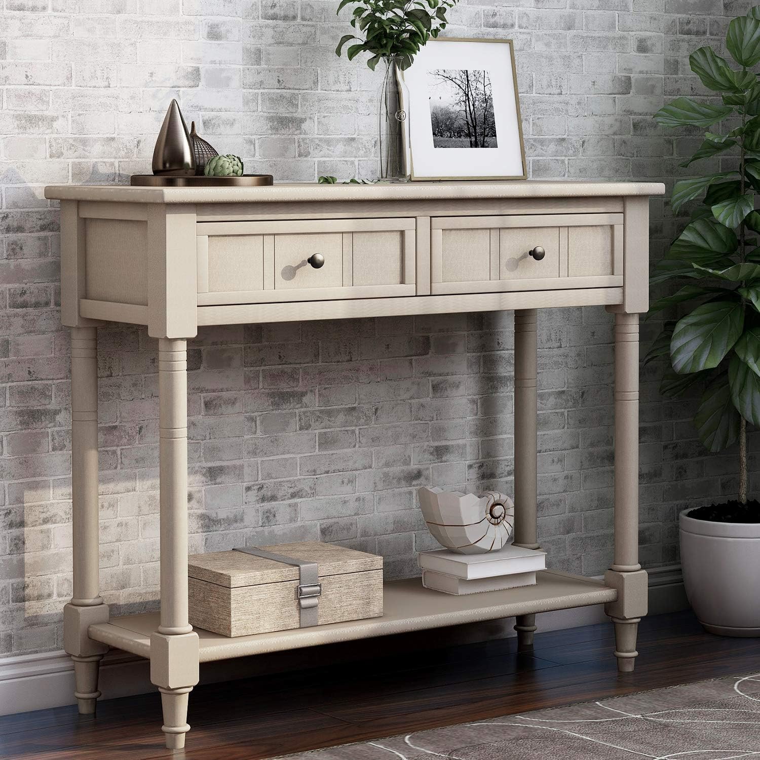 GDFStudio Daisy Series Console Table, Retro Grey Solid Pine Wood Frame with Two Storage Drawers and Bottom Shelf, Traditional Vintage Accent Furniture for Entryway, Living Room, or Dining Room