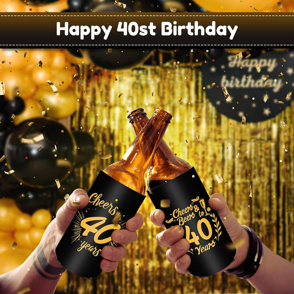 40th Birthday Party Decorations Slim Can Cooler Sleeves, Neoprene Can Sleeves for 12 oz Cans & Bottles, 12 Pack Black and Gold 40th Birthday Gift for Men & Women, 4 Design