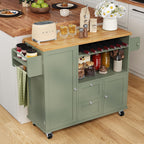 knoworld Rolling Kitchen Island with Storage Cabinet, 41.3'' Width Kitchen Cart with Desktop Drop Leaf Countertop, Portable Mobile Island with Towel Rack, Spice Rack Shelf and Lockable Wheels, Green