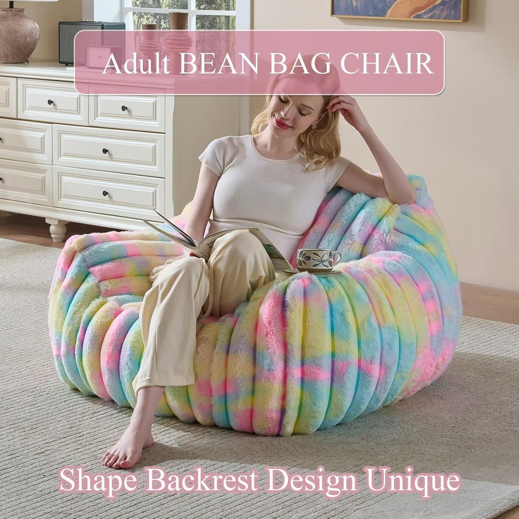 Giant Plush Bean Bag Chair for Adults with Armrests,Oversized Comfy Beanbag Lounge Lazy Floor Sofa Chair for Game Room,Living Room,Bedroom,Ultra Soft Mini Couch-Rainbow