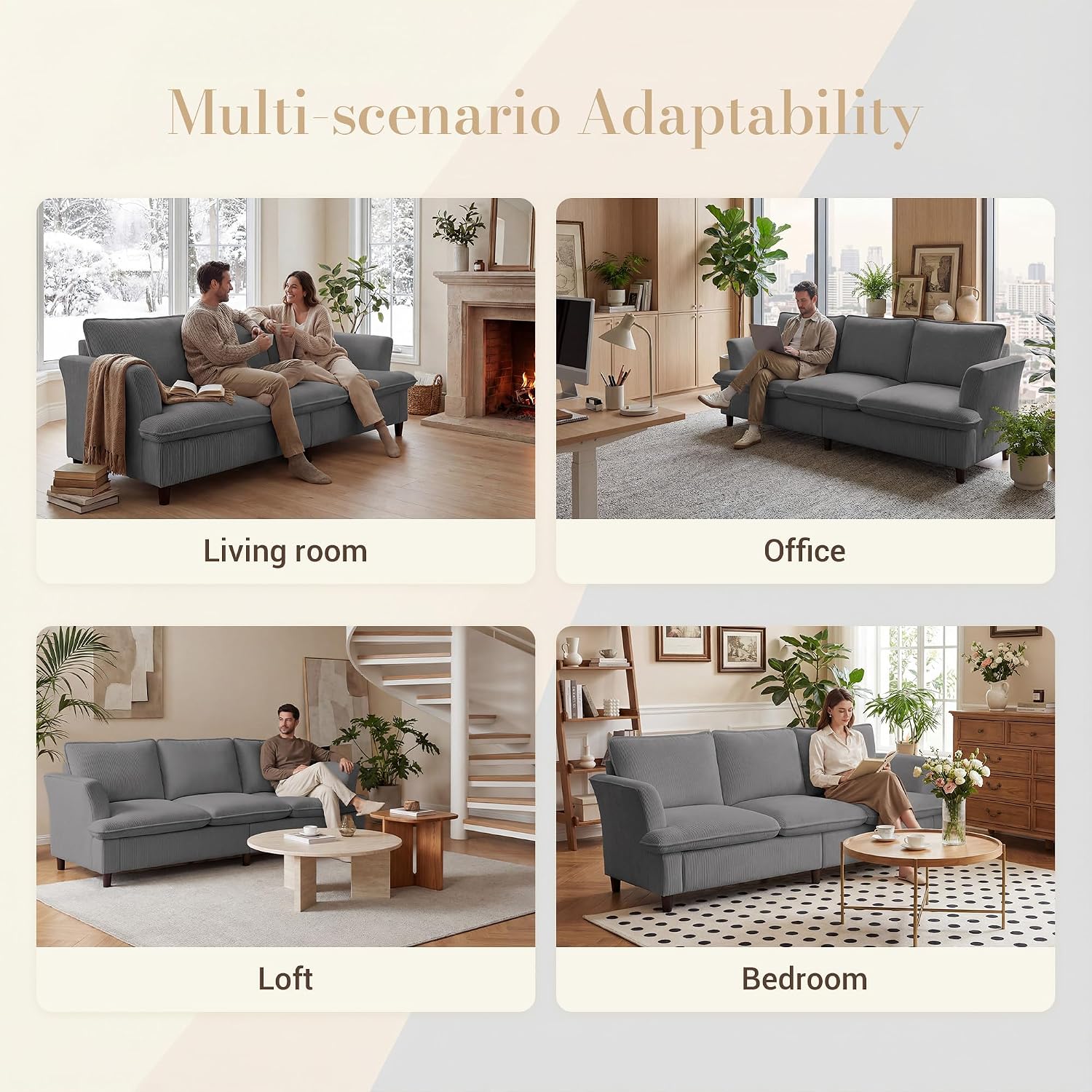 GRUSIGN 3 Seater Corduroy Couch, 89" Comfy Couch with Deep Seat, Modern Sofa Couch for Living Room, Office, Bedroom, Apartment (Pillows not Included)