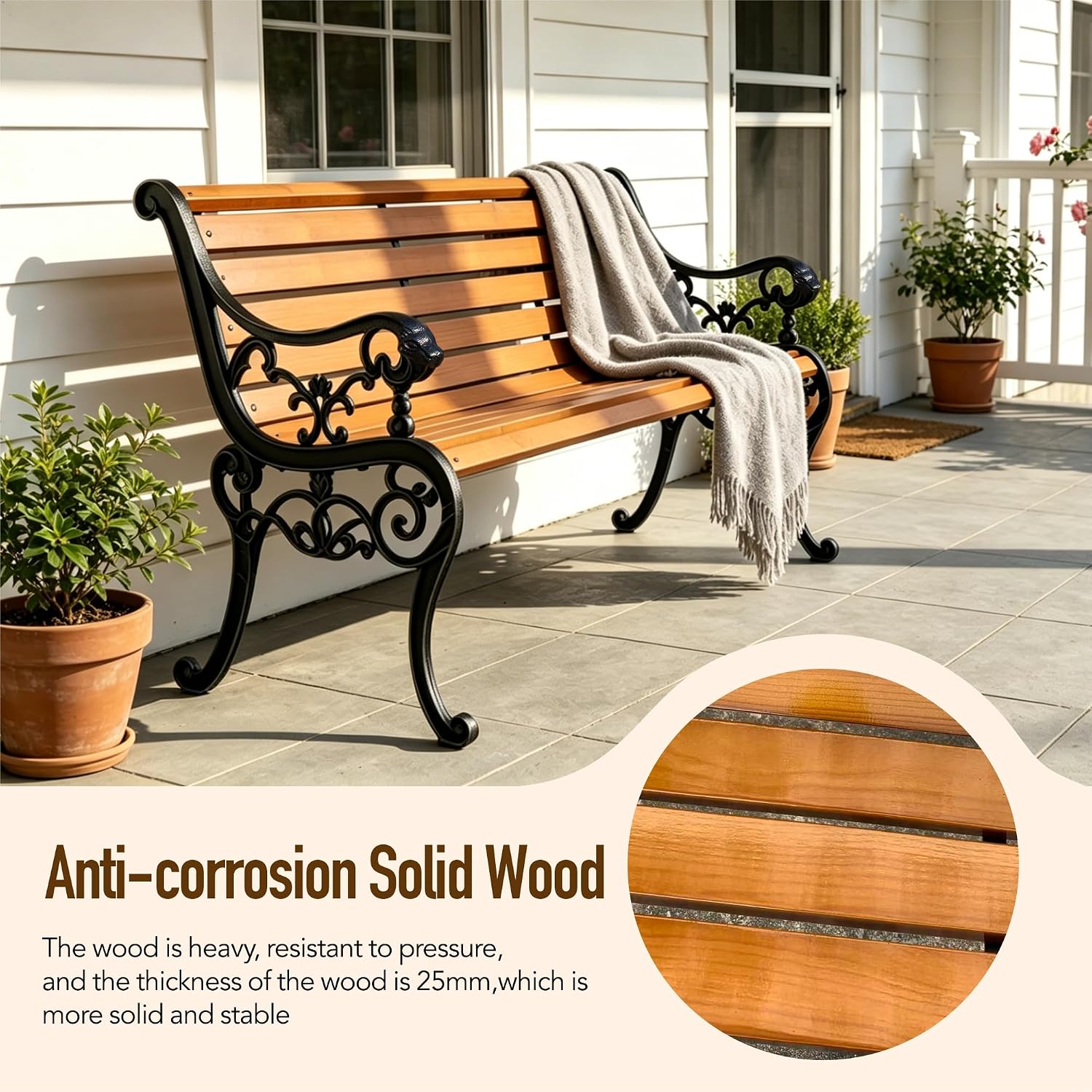 Outdoor Garden Bench, 59in Weatherproof Patio Bench with Cast Iron Backrest, Solid Wood Seat & Protective Cover, 570 LBS Capacity, Easy Assembly Park Bench for Yard/Deck/Porch(Black)