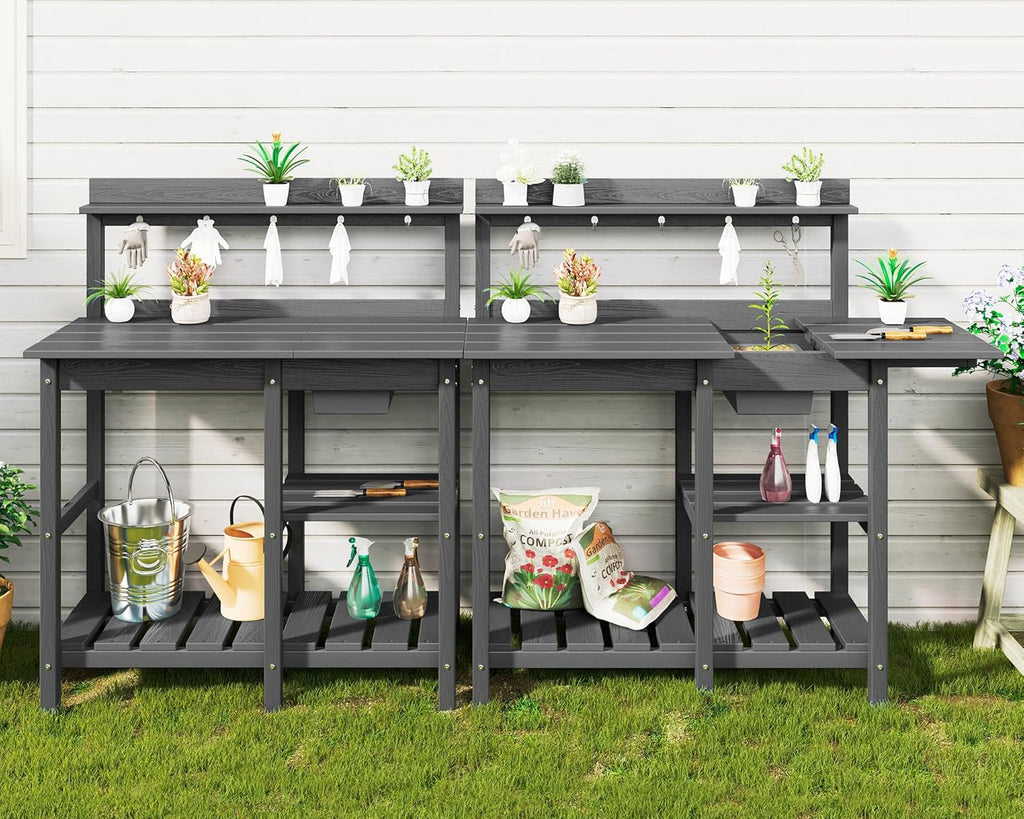 SERWALL Outdoor Potting Bench with Removeable Sink,Rot-Resistant HDPE Potting Table for Outside Gardening, All Weather Use - Gray