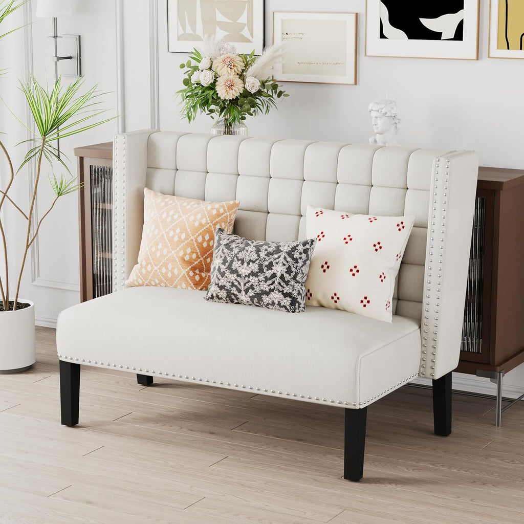 Andeworld Modern Loveseat Settee Bench Sofa Couch, Upholstered Banquette Dining Bench with Back for Dining Living Room Hallway or Entryway Seating,White