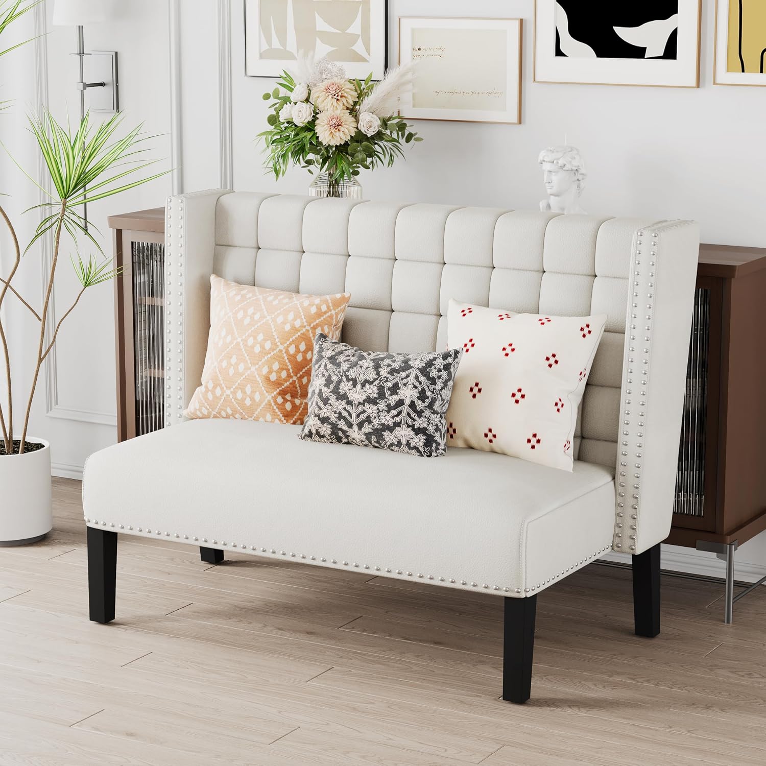 Andeworld Modern Loveseat Settee Bench Sofa Couch, Upholstered Banquette Dining Bench with Back for Dining Living Room Hallway or Entryway Seating,White