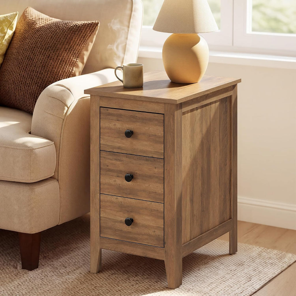 VASAGLE LIRY Collection-Farmhouse Nightstand with 3 Drawers, Slim Side End Table with Storage, Narrow Bedside Table for Bedroom, Office, Warm Brown, ULET132K101S