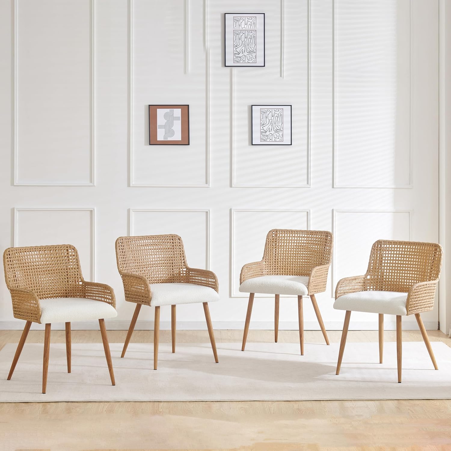 Rattan Dining Chairs Set of 4, Wicker Dining Chairs with Metal Legs,Upholstered Cane Back Dining Chair Set of 4 with Boucle Cushion for Bedroom, Kitchen,Coastal Dining Chairs