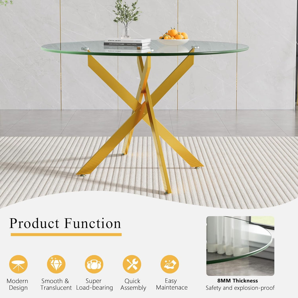 Glass Dining Room Table Set for 2, 47" Circle Glass Dining Table for 2 with Gold Metal Legs, Small Round Dining Table and Chairs Set of 2, 3 Piece Kitchen Table Set for Breakfast Dinette, Blue