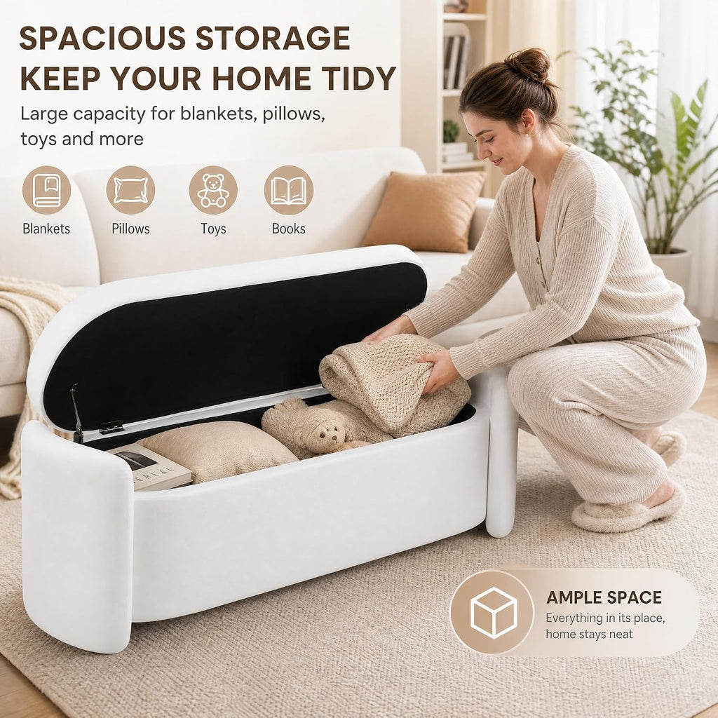 48.8" Modern Velvet Storage Ottoman Bench, Upholstered Fabric Storage Bench for Bedroom End of Bed, Large Oval Storage Ottoman for Living Room Entryway Hallway, White