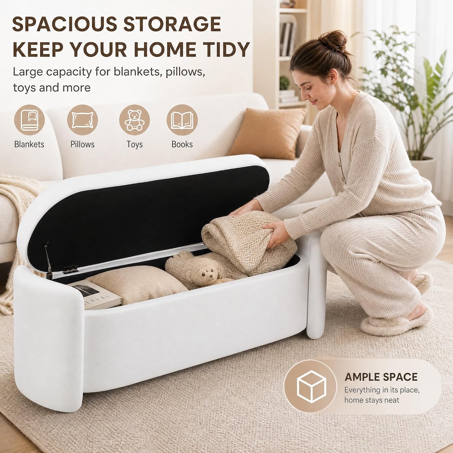 48.8" Modern Velvet Storage Ottoman Bench, Upholstered Fabric Storage Bench for Bedroom End of Bed, Large Oval Storage Ottoman for Living Room Entryway Hallway, White