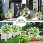 ENVEN Artificial Boxwood Topiary Ball Trees with Ground Spikes UV Resistant Faux Greenery Shrubs Fake Shrubs for Outdoors, Realistic Faux Plants Bushes for Garden Porch Yard Patio Decor (White Green)