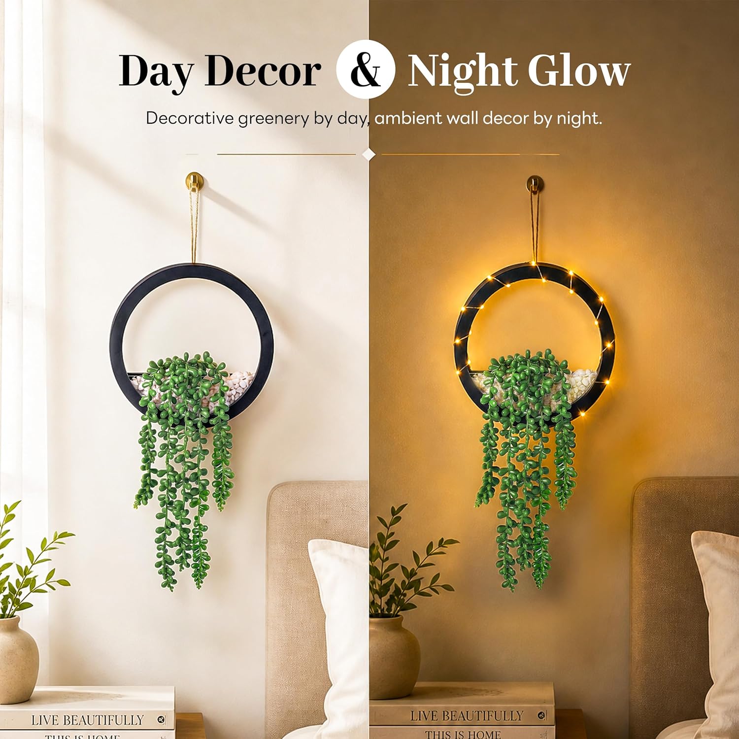 Der Rose 2 Pack Lighted Hanging Plants, Artificial String of Pearls Succulents with Warm LED Lights, Aesthetic Fake Plants for Black Bathroom Bedroom Living Room Wall Decor, Party & Gift for Women