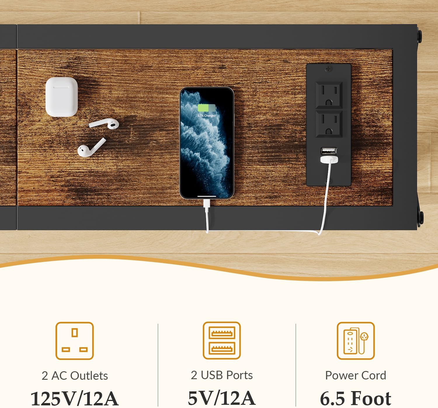 Gewudraw Console Table with Oulets and USB Ports, 55.1" Sofa Table Behind Couch, Industrial Long Skinny Stand for Hallway, Living Room, Bedroom, 6.5 Feet Power Cord, Rustic Brown