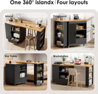 66'' Rolling Kitchen Island with 360° Swivel Tabletop Mobile Kitchen Island with Power Outlet Rotating Kitchen Islands with Storage Cabinets Wood Kitchen Island Table for Kitchen, Bar, Dining Room