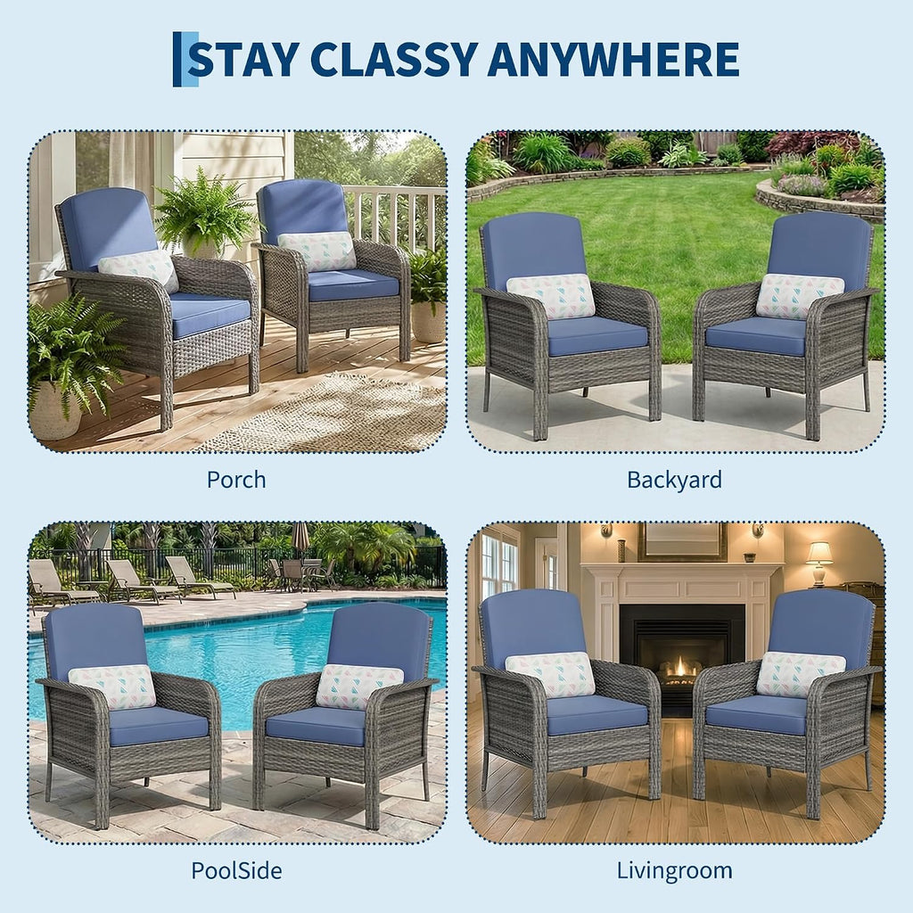 Garvee 2 Pieces Patio Furniture Set, Outdoor Wicker Chairs of 2,All Weather High Back Rattan Chairs 2-Seater with Comfy Cushions for Porch Deck,Gray & Blue