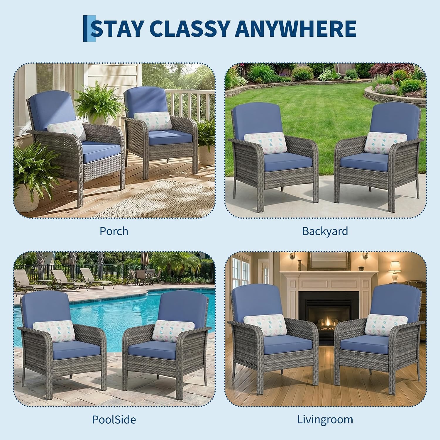 Garvee 2 Pieces Patio Furniture Set, Outdoor Wicker Chairs of 2,All Weather High Back Rattan Chairs 2-Seater with Comfy Cushions for Porch Deck,Gray & Blue