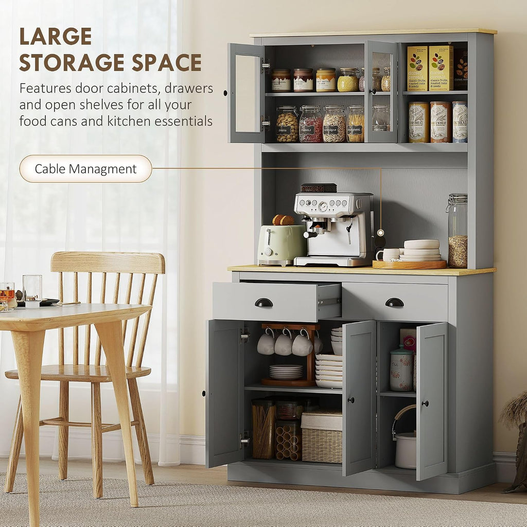 Pantry Cabinet 71-inch freestanding, Four Adjustable Shelves at Three Positions, Wide countertop Cable Hole, Gray and Yellow Oak Design