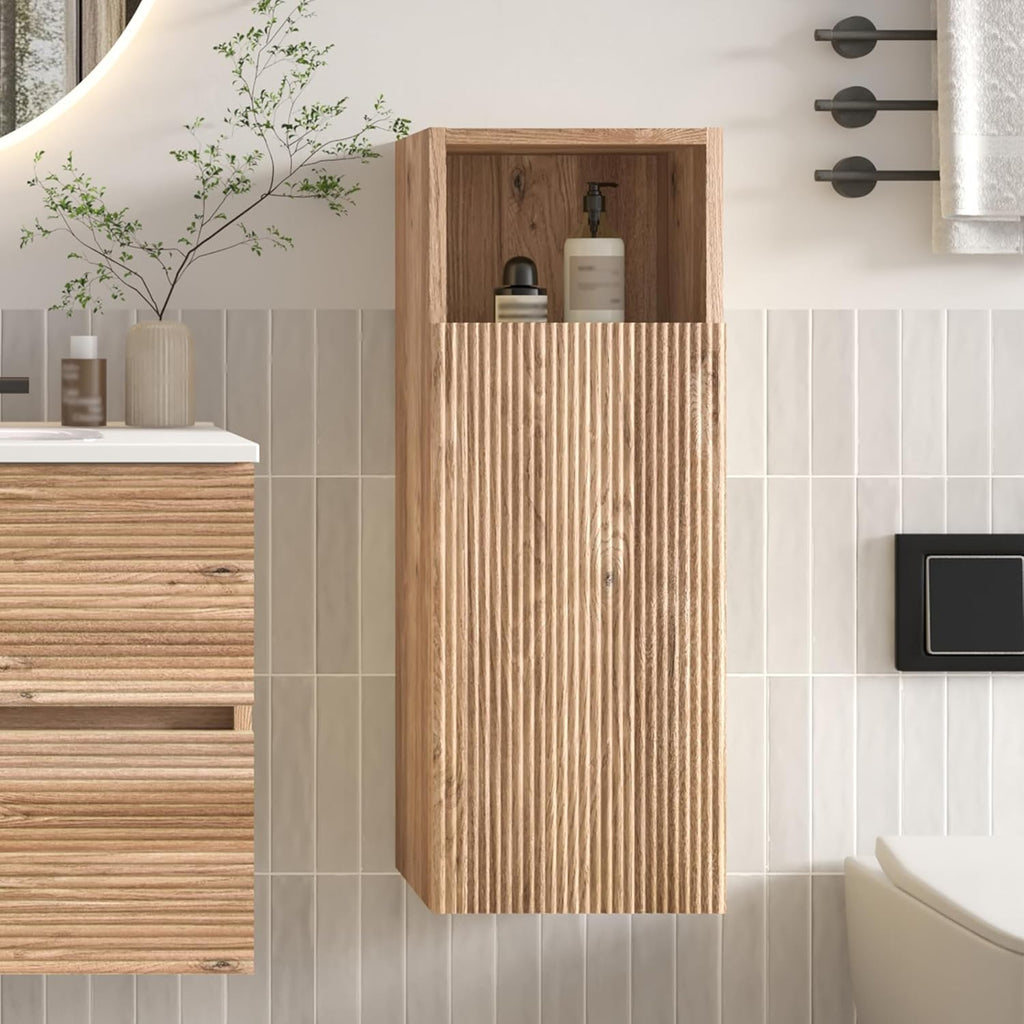 12" Floating Bathroom Storage Cabinet, Modern Bathroom Wall Cabinets with Soft-Closing Door & Open Shelf, Bathroom Side Cabinet for Small Spaces, Apartment, Rough Oak