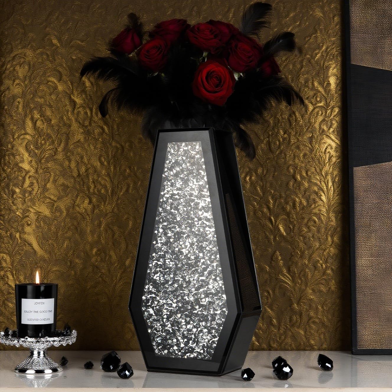 SHYFOY Black Flower Vase Crushed Diamond Glass Vase Large Mirrored Crystal Vases for Centerpieces Tall Floor Vases for Dried and Artificial Flowers Home Decor, Can’t Hold Water