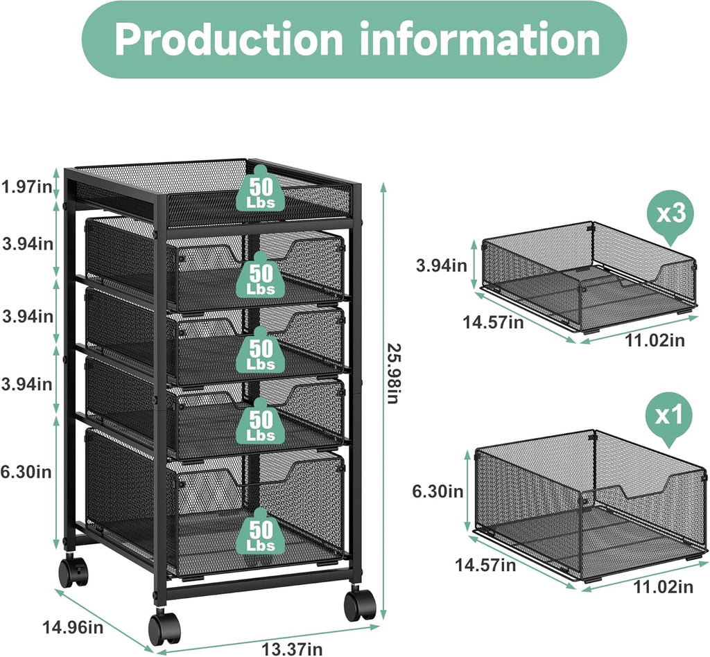 keomaisyto 5-Tier Kitchen Storage Cart with Top Basket & Drawers, Fruit and Vegetable Storage Rack on Wheels, Metal Rolling Cart with Drawers & Kitchen Organization for Snacks, Potatoes, Onions, Cans