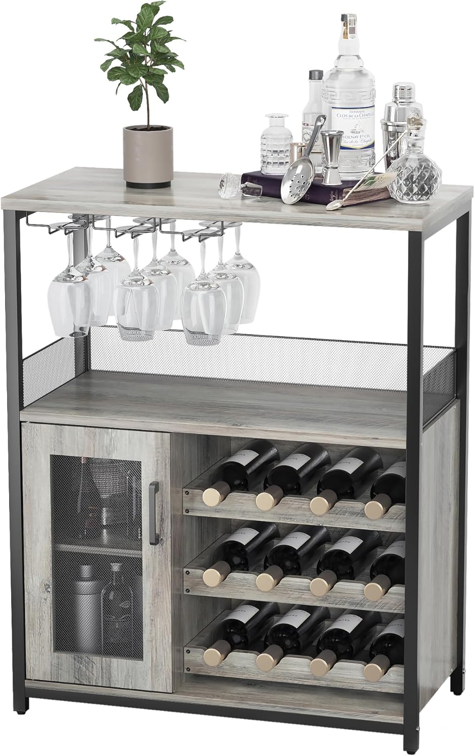 GAOMON Wine Bar Cabinet with Detachable Wine Rack, Wood Bar Cabinet with Storage Space & Glass Holder, Mesh Door, Small Modern Buffet Sideboard for Liquor and Glasses