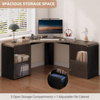 L Shaped Desk with Power Outlets & USB C Port, 59'' Reversible L-Shaped Computer Desk with File Drawer for Letter/Legal Size, Corner Office Desk with Storage Shelves, Rounded Corners, Black